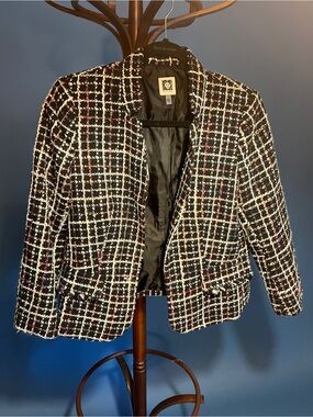 Anne Klein Tweed Open-Front Blazer Jacket in Black Multi